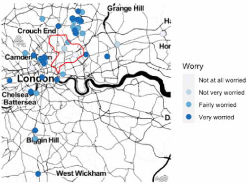 Map of young people’s experiences with worry about knife related incidents across London. Hackney borough is highlighted in red.